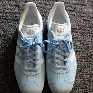 Adidas baby blue and white gazelle's
